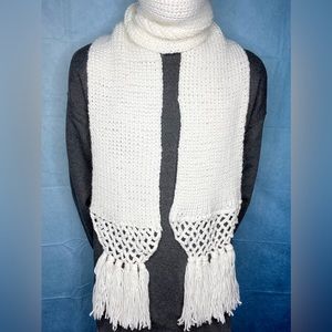 UNISEX Handmade White Unisex Crochet Knitted Scarf with Fringe; Multiple Sizes
